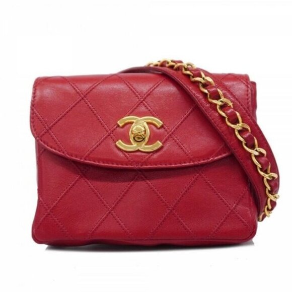 CHANEL 24K Vintage Waist Bag Fanny Pack CC Lambskin Waist Bag Pouch Bum Bag Red - Picture 1 of 16